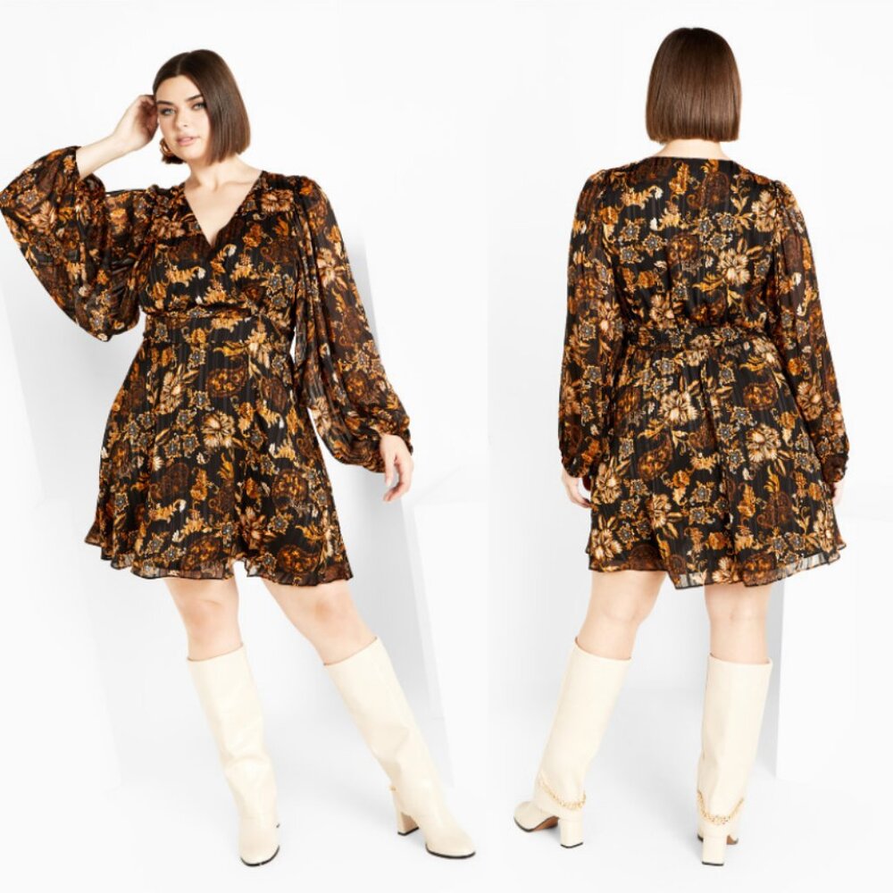 NWT City Chic Black Floral Pleated Faux Wrap Mini Dress 18